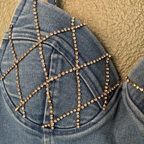 Denim rhinestone Spaghetti Strap Western Jumpsuit with Beaded Detail 😍 - Picture 4 of 11